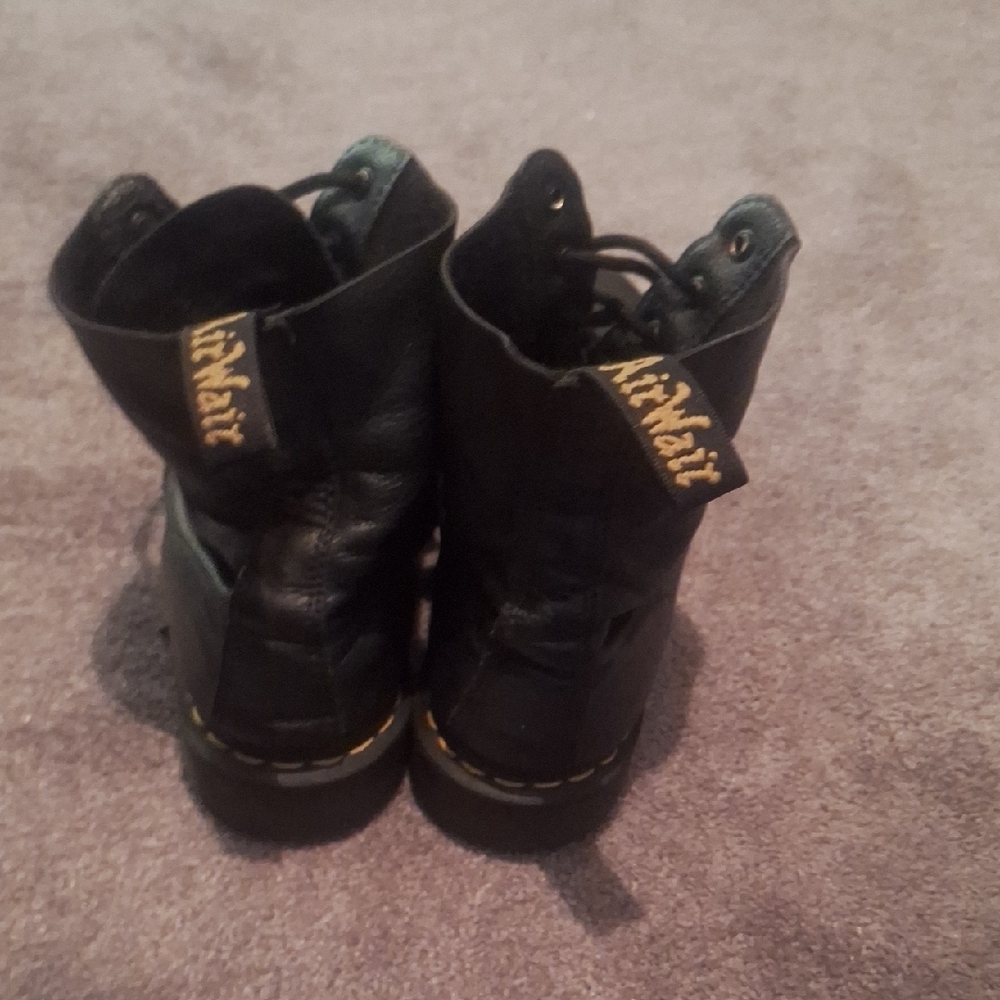 Dr. Martens Women's Black Leather Lace-Up Boots with Yellow Stitching